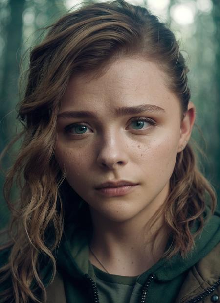 portrait of skswoman, scared , wearing custom-made , with copper Half-up, half-down hairstyle , background mushroom forest epic (photo, studio lighting, hard light, sony a7, 50 mm, matte skin, pores, colors, hyperdetailed, hyperrealistic), <lyco:Chloe Grace Moretz:1.1>