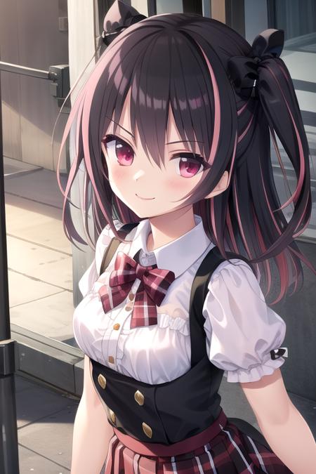 Otome Kokoro long hair,black hair,pink hair,multicolored hair,streaked hair,two-tone hair,two side up,hair bow,black bow,hair between eyes,bangs,red eyes red bowtie,plaid bowtie,white shirt,collared shirt,medium breasts,underbust,puffy short sleeves,suspender skirt,purple skirt,plaid skirt,pleated skirt,black socks