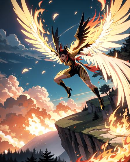 ((masterpiece), best quality, high quality, professional quality, highly detailed, highres, perfect lighting, natural lighting), phoenix, bursting into flames, taking flight from cliffside