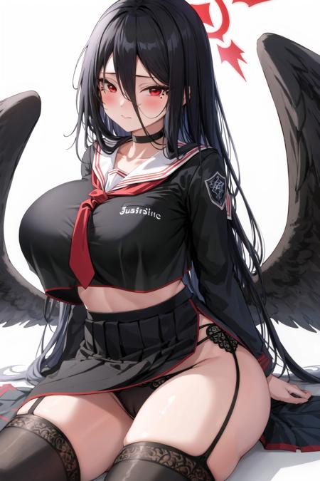 1girl, bangs, black choker, black hair, black panties, black serafuku, black shirt, black skirt, black thighhighs, black wings, blush, choker, closed mouth, eyes visible through hair, garter straps, hair between eyes, hasumi \(blue archive\), knee up, huge breasts, long bangs, long hair, long sleeves, looking at viewer, mole under eye, necktie, panties, pleated skirt, red eyes, red necktie, sailor collar, school uniform, serafuku, shirt, sitting, skirt, solo, thighhighs, thighs, underwear, very long hair, white background, wings,(masterpiece),(best quality)