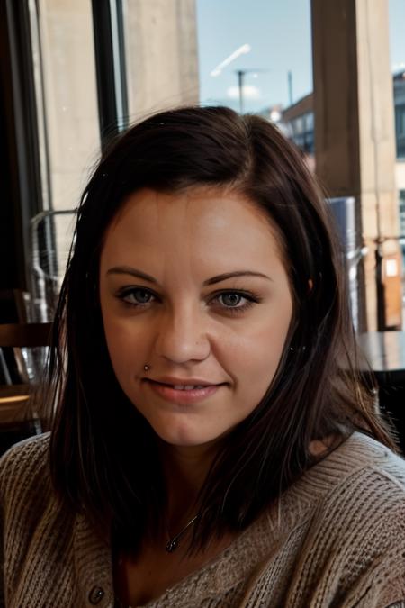 <lora:BrandiBelle:1>, full color portrait of a young woman, wearing a thick sweater, having a coffee at a street level cafe, natural light, RAW photo, subject, 8k uhd, dslr, soft lighting, high quality, film grain, Fujifilm XT3