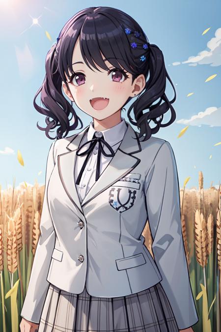 masterpiece, best quality, ultra-detailed, illustration, 1girl, solo, fukumaru koito, medium hair, black hair, twintails, hair flower, purple eyes, blazer, neck ribbon, grey skirt, looking at viewer, smile, open mouth, upper body, field of wheat <lora:brj-koito-v1:1> <lyco:GoodHands-beta2:1.0>