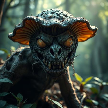 (masterpiece sci-fi dark gritty hyperrealisitic concept art 8k)  fungi animal creature zombie horror smiling menacingly close up,   atmospheric lighting, dappled light forest