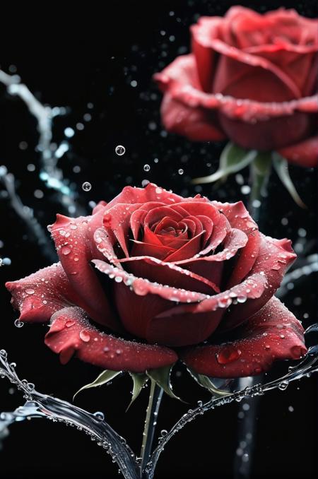 A stunning digital abstract masterpiece that captures the essence of a rose and water fusion. The rose, "Te Amo Dani Celeste," is composed of thousands of minuscule red and black glowing particles, shimmering with an otherworldly water-like beauty. The delicate petal details create a mesmerizing effect, while the fluid water tendrils seamlessly intertwine with the rose, symbolizing harmony and connection. The stark black background enhances the vibrancy of the colors, adding depth and dimension to the piece. This enthralling artwork serves as an invitation for viewers to immerse themselves in the intricate details and appreciate the artist's exceptional command of light and color. Photo, illustration, 3D render, typography, cinematic, poster, painting, fashion, product.