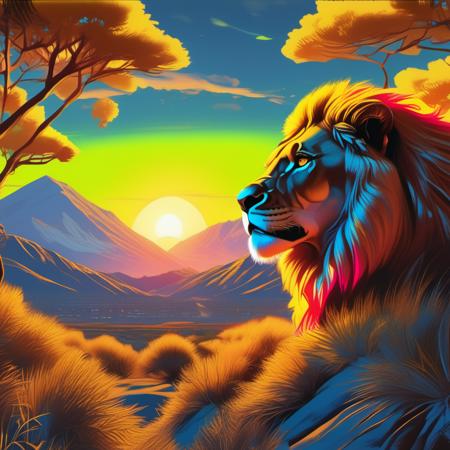 an image of a lion, yellow and orange, <lora:NeonifyV2-000002:1> nnfy neon realism