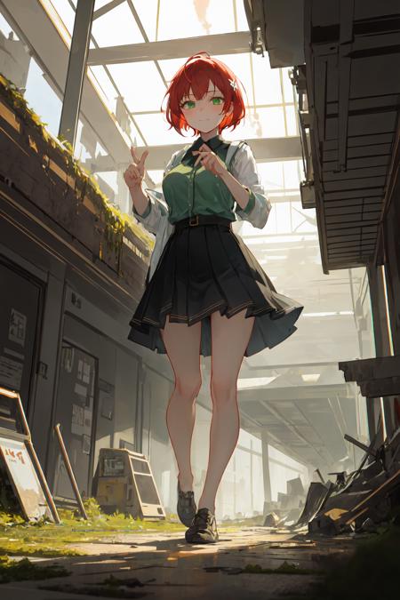 (finely detailed, distinct image, ultra resolution, extremely amazing detailed, awesome detailed), subsurface scattering, best ratio four finger and one thumb, masterpiece, best quility, high_quality, 1girl, solo, close-up, red hair, short hair, green eyes, light_smile, full_body, wind_lift, glow, glitter, air bubble, glowing white particles, detailed background, train station, post-apocalypse, new world, forest, Broken buildings, moss, butterfly