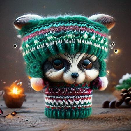 christmassweater,Highly detailed Dynamic shot of chibi lobo, high quality, beautiful masterpiece, fantasy creature, kawaii, digital art, glowing sparkles,