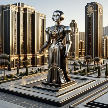 Masterpeice, best quality, RetroBG (chrome automaton in 1920s city plaza:1.3), polished brass limbs, engraved metalwork, gold-inlaid joints, art deco patterns, vintage signage, sculpted building façades, oil-painted detail strokes, layout:rule of thirds, layout:center composition, light:halation, light:bloom, light:golden hour, env:sunset meadow, env:misty ruins, lens:filmic color grading, lens:analog lens, lens:85mm prime <lora:RetroLuxe_World_Morph:1.0000000000000002>