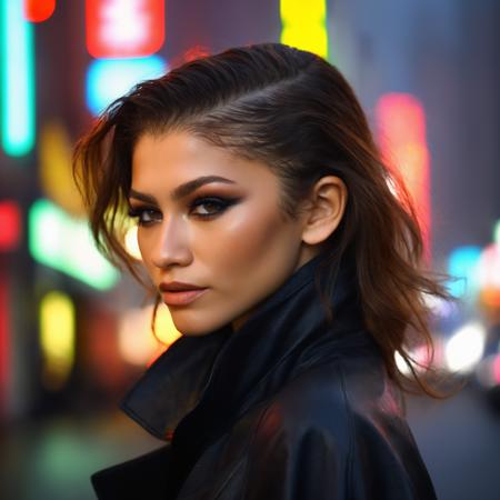 masterpiece, best quality, Zen_daya woman, city street, neon, fog, volumetric, closeup portrait photo of Zen_daya woman, in dark clothes  <lora:ZendayaXL:1> <lora:add-detail-xl:1>