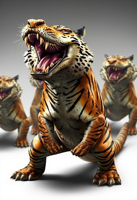 A heard of Tigators, Tiger With Alligator hybrids. it is roaring and looking fierce with it's alligator snout open for a bite,  elongated head of an alligatori, t has scales instrad of fur. He has short stubby legs and a long flat tail, hes angry. Tigator, a Tiger and Alligator Hybrid creature, real,