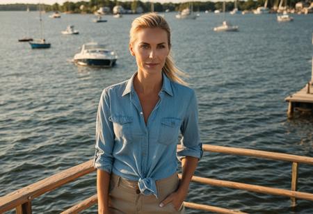 Maryland – Chesapeake Bay Breeze
A highly detailed, photo-realistic 8K editorial portrait of a 40-year-old woman with sleek blonde hair tied back, striking blue eyes, and subtle age lines. She’s wearing a light denim shirt, sleeves rolled, and khaki shorts. Standing near the wooden docks of Chesapeake Bay, with calm waters, boats in the background, and golden-hour sunlight reflecting on the water. (realistic portrait photography, natural light, Canon EOS 5D, warm tones, detailed textures, summer setting)photography , editorial photo,  realistic , natural light,  highly detailed