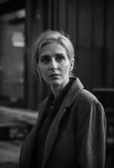 old woman, tyson_dayley <lora:tyson_dayley-08:0.75> , urban gritty location, posing in an industrial setting with steel beams,  Timothy tchalamet, natural lighting, dramatic directional lighting, bold confident mood, black and white Peter Lindbergh photography