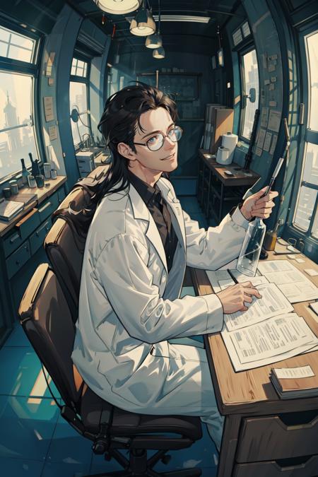 masterpiece, best quality, 1 male, adult, handsome, tall muscular guy, broad shoulders, finely detailed eyes and detailed face, extremely detailed CG unity 8k wallpaper, intricate details, complicated laboratory, mad scientist, messy hair, forehead, glasses, wooden wall, desk full of junk, test tube, bottles, Window, sit on chair, hold test tube, evil smile, from side|from above, depth of field