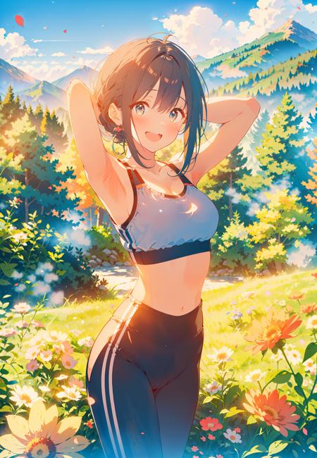 masterpiece, best quality, smile, blush, arms behind head,
1girl, sports bra, yoga pants, field, grass, horizon, long hair, mountainous horizon, ocean, open mouth, outdoors, sky, smile, solo, standing,
day, sky, mountain, forest, flower field, petals,