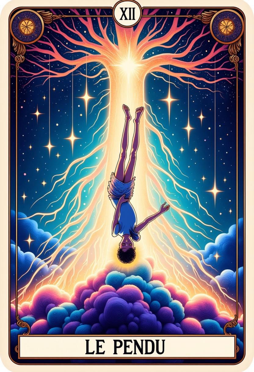 "Create a vibrant, mystical illustration of The Hanged Man card. Depict a calm, serene figure hanging upside down by one foot from a glowing, mystical tree. His other leg is bent, forming a triangle, and his hands are behind his back, creating a sense of peace and surrender. The figure is surrounded by a soft, ethereal light, and the background is a deep, cosmic blue with subtle patterns of light and energy. Include the Roman numeral 'XII' at the top and 'LE PENDU' at the bottom in an ornate, glowing font."