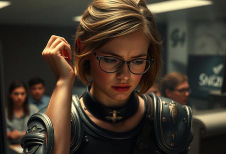 warrior, 1 woman, joan of arc, young, armor, plate.
round face, gentle curve jawline, rounded chin, subtly defined cheekbones, slightly broader forehead, overall smooth oval shape.
blue eyes, thin round glasses, the glasses give her a intellectual appearance.
short, light brown hair neatly styled, slightly wavy, cut at the nape of her neck, modest scoop shape neckline.
sad, crying, face down, pullying own hair.
inside, office, desk, computer, smoke, chaos. hitting desktop PC monitor, 90s office employees, looking at her, scared.
digital photo, gold and obsidian filigree, dramatic lighting casting sharp, contrasts, ultra fine details capturing every texture, cinematic quality, wide angle.