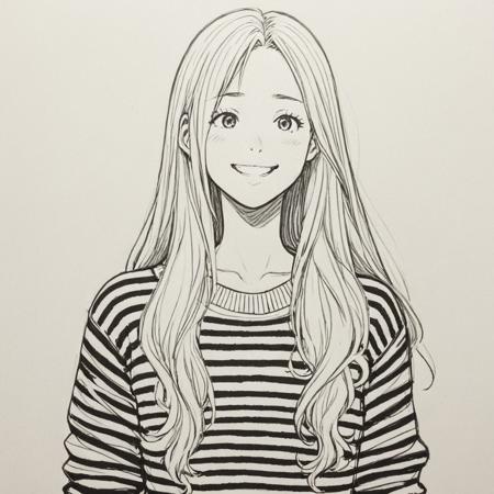 pixlineart, sketch portrait of anime woman with long hair, happy, wearing striped sweater