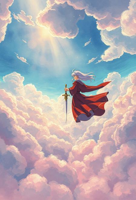 "Vertical 9:16 anime-style sky in ultra-detailed 4K resolution. A vast, painterly sky filled with dense, textured clouds stretching across the entire scene. The clouds are layered in organic folds and intricate formations, creating depth and tension. Soft gaps in the clouds reveal vibrant patches of baby-blue sky and warm sunlight beams filtering down, casting a golden glow. Above, Inuyasha floats mid-air, his iconic red robe fluttering in the wind and his silver hair flowing wildly around him. He grips Tessaiga firmly in one hand, the sword emanating an ethereal glow. The atmosphere is dreamy and emotional, painted in a hyper-realistic watercolor style with delicate cel shading. Soft pastels of pink, sky-blue, and golden light blend together, creating a nostalgic and mystical tone. Fine edge lighting and subtle ambient haze add cinematic depth, making the scene feel both grounded and surreal, ready for motion or dynamic action."
