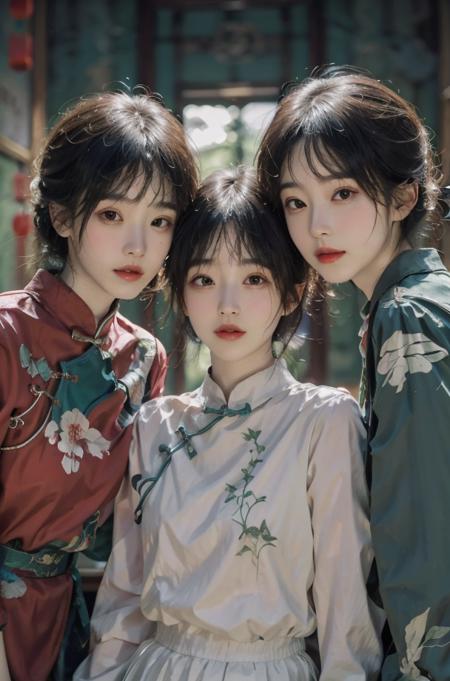 best quality, masterpiece, ultra highres, (photorealistic:1.4), (detailed face:1.4), raw photo, 1girl, black short hair, makeup, parted lips, looking at viewer, indoors, <lora:no105Girl_sdNo105000014:0.7>, <lora:Yan2:0.4>, <lora:ChinaDressV2.0:0.55>, (green printed chinese upshirt:1.2), heels
