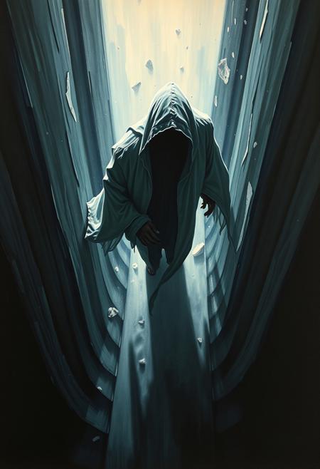 A high-angle perspective painting of an enigmatic figure, intense dramatic lighting, high contrast, looking down from an elevated viewpoint, emphasizing smooth textures and captivating aesthetics.