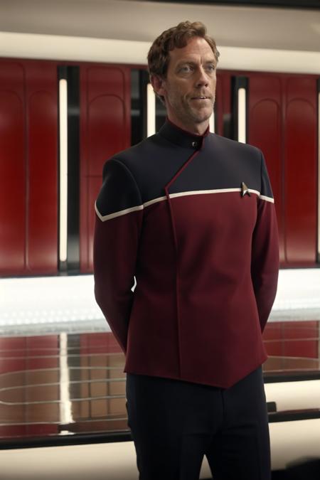 hugh laurie in a red sttldunf uniform,entps room<lora:STTLDV1:0.8>