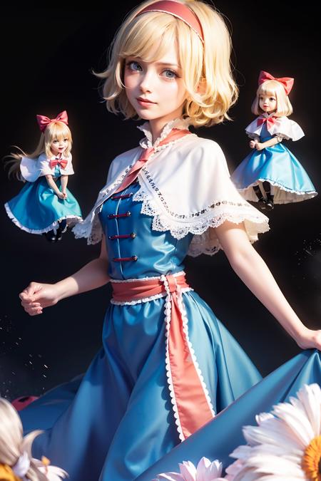 alice margatroid shanghai doll 1girl,blonde hair, blue eyes, capelet, boots,dress,sash, bow, hair bow, short hair, cross-laced footwear,  blue dress, lace-up boots