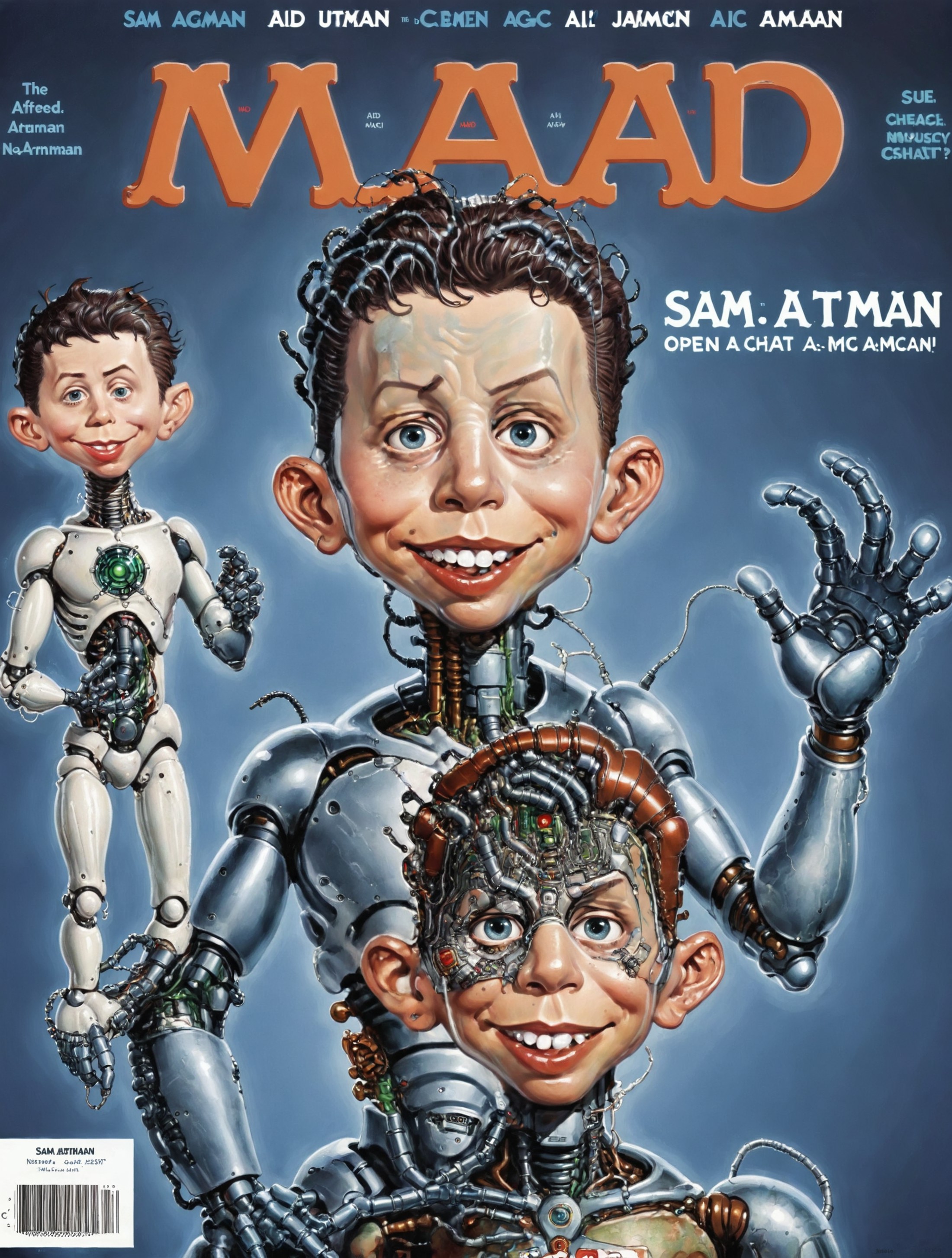 ohwx man as alfred e neuman cyborg, mad-magazine-cover, and the words "Sam Altman open AI chat gpt" along the top <lora:al...