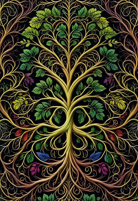 (masterpiece :1.0), best quality, wallpaper, PG-TR, rainbow, Lierre, vigne, leaf full, dark background, quadratic, symmetrical