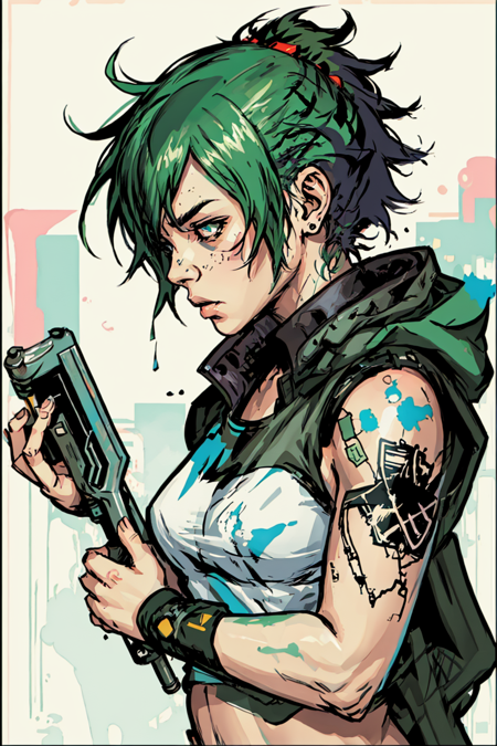 dskinkpunk, Inkpunk, Inked, ink splashes, extremely loud yelling paint splatter emotional drawing on a comic book cover, nvinkpunk style, Comic book art by Yoji Shinkawa, sfw, stylish, painting, colorful, profile picture, masterpiece, high definition, masterpiece, best quality, trending on artstation, intricate, colors, random dripping paint, splashes, Vaguely inspired by Gorillaz, FLCL, and Yoji Shinkawa, <lora:Duskfall_InkPunk:0.5>