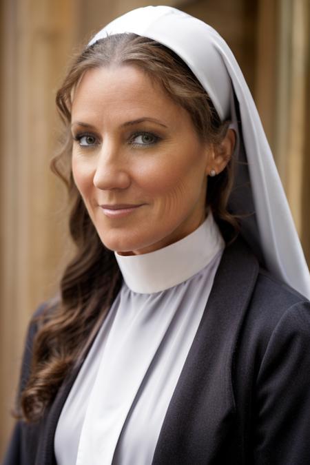nun costume ,  town , day  <lora:Orla_Brady:1> masterpiece, best quality, detailed face,, 1girl, solo, a mature o1873b, brown_eyes, realistic, brown_hair, long_hair, posing,