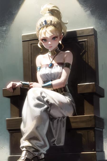 marle, nadiaoutfit, pout, arms crossed, throne, throne room, pendant, ponytail, royal, sitting, tiara, (princess:0.5), (queen:0.6) <lora:marle-000020:0.8>