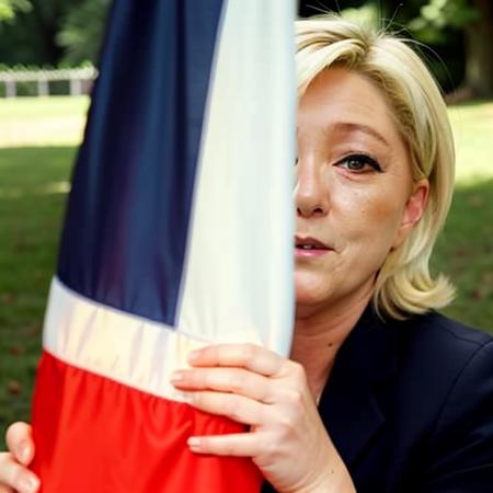 <lora:Marine_LePen-11:1> Marine lePen, eating a flag