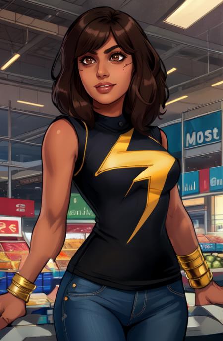 Khamala,brown eyes,dark brown hair,lips,standing,upper body,smile, 
black shirt with lightning bolt symbol, jeans, gold bangles, sleeveless,
mall,  indoors,  super market,  solo, 
(insanely detailed, beautiful detailed face, masterpiece, best quality),
 <lora:Khamalakhan-10v7:0.8>