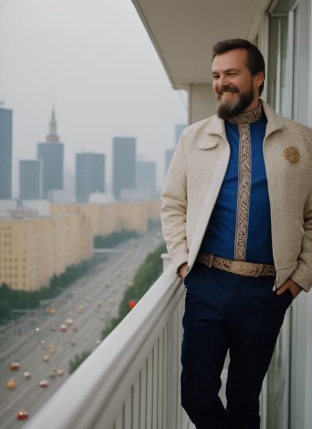 Portrait photo, Ivan , standing on a balcony, (wearing white jacket:0.8), beard, (smile:1.2), long distance view, big city,( sunny:1.4), (Moscow city:1.1), (highly detailed, smooth, sharp focus), <lora:ivangrozny:0.7>