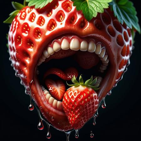 Ultra realistic color pencil  image of
An ultra close-up image of a mouth chewing into a strawberry with its juices running down the lips.
BREAK
 Deep dark intense misty background
Dark theme, dynamic lighting, (soft shadows), (soft focus), (photo realistic), uhd, 8k