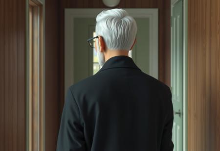 A highly detailed, realistic 3D digital illustration style, view of the back of an old writer exiting his home, going outside, the front door is in front of him. He's wearing black trenchcoat. The writer's short white hair is combed back, slightly receding hairline. From the side are visible his short white sideburns and beard,  his chiseled, narrow face with a strong jawline and prominent cheekbones, and his black round glasses. The walls of his hallway are covered in wood, the concrete painted light green.