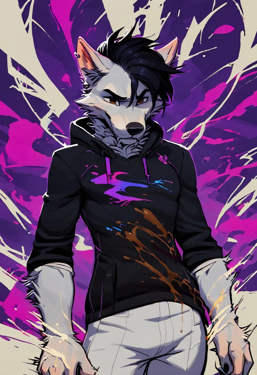 <lora:kabsraptorxl:0.7>,  source_furry, (solo:1.2), anthro, wallpaper, 1boy, solo, cowboy shot, gray fur, hoodie, long sleeves, pants, (foreshortening), toned, masculine, smirk, detailed fur texture, grey wolf, white countershading, canine, toned, fluffy tail, glistening, fur, realistic detailed fur, grey skin, grey body, brown eyes, anime black hair, fangs, blue and purple background,
score_9, score_8_up, score_7_up,  <lora:add-detail-xl:1.4>, <lora:fortnitelsxl:0.8> fortnitelsxl, graphic novel, ink lined illustration, thick multicolored outline, aura, purple energy, multicolored background, blue wisp, purple electric, <lora:paintsplashsdxl:0.4> paintsplashsdxl, <lora:Manga_Action_Shot:0.8> action shot,  <lora:Realistic_2.5DAnime_Merge1:0.3>,  <lora:Neon_Style_XL:0.8> neon_style,  <lora:incase---1:0.3>