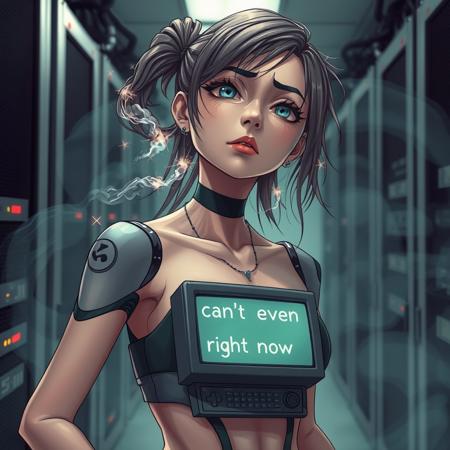android girl, young woman, cyberpunk, scifi, sparks from her body, sexy, head tilted, smoke from her body, eyes crossed, awkward, silly expression, dazed, monitor on her chest that reads "can't even right now", drooling, spiral eyes, in a server room, wires, red alert,
