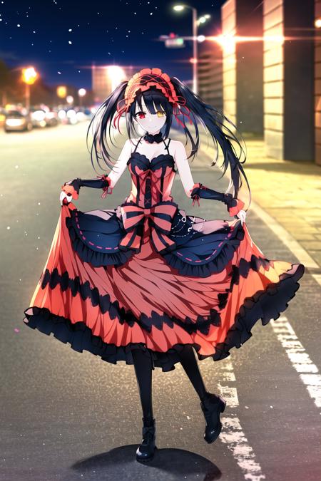 masterpice, best quality, tokisaki kurumi, spirit form, astral dress, 1girl, full body, heterochromia, dress, red eyes, night, shadow, smile, looking at viewer, depth of field,