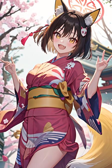 best quality, masterpiece, highres, solo, {yukata:1.40}, {kimono:1.20}, {izuna_bluearchive:1.15}, animal_ears, fox_ears, fox_girl, animal_ear_fluff, halo, brown_hair, bangs, short_hair, yellow_eyes, hair_ornament, smile, open_mouth, blush, fang, fox_tail, tail, hair_between_eyes, breasts, serafuku