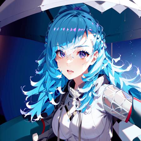 1girl, solo, blue eyes, blue hair, red umbrella, rain, hand overing eyes, blurry background, cropped hoodie, masterpiece, best quality, (extremely detailed CG unity 8k wallpaper, masterpiece, best quality, ultra-detailed, (finely detailed eyes and detailed face:1.3),