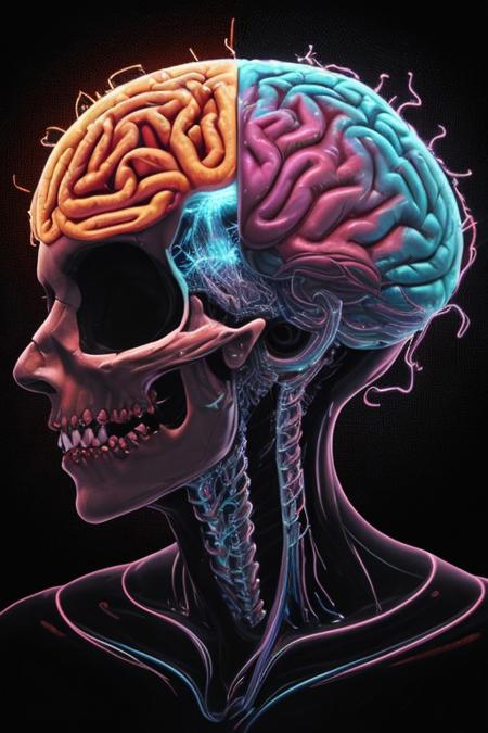 A man drowning inside his own mind. FRONT VIEW. Subliminal messaging, Horror, neon-colored brain scan aesthetic on black background. the figure of a skull is seen inside the brain scan. Psychedelic brain scan. Horror, Vibrant, glowing neural pathways Abstract, futuristic aesthetic. Style mimics bioluminescence art. Sharp contrast between vivid colors and deep black background. realistic rendering of brain lobe. Conveys sense of brain death, cognitive decline, and mental degradation. Sharp jagged teeth. Horror theme.