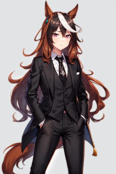 masterpiece, best quality,
symboli rudolf \(umamusume\),
alternate costume, formal, suit, black necktie, black jacket, collared shirt, white shirt, jacket on shoulders, hands in pockets, black pants, coat on shoulders, long sleeves,
<lora:sybmoli_rudolf_locon_0.99:0.6>