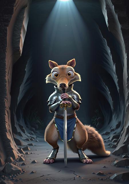 masterpiece, score_9_up, score_8_up, score_7_up, score_6_up, source_furry, (best quality:1.1), ultra-detailed, high resolution, solo, highly detailed macro illustration, sfw, thick outlines BREAK Scrat, feral, squirrel, male, saber-toothed, (beautiful yellow eyes), (fluffy tail:1.2), fur, (determined expression, cute face), frown BREAK (knight armor:1.4) BREAK holding sword, full body BREAK dark cave, cracked ground, black rocks, detailed background, (close-up:1.3) BREAK sharp focus, perfect lighting, extremely detailed, high detail, cinematic softness, OverallDetail, zPDXL3