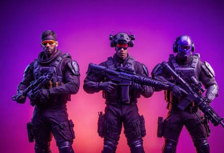 A group of elite mercenary warriors equipped with the latest weaponry and advanced technology, dressed in sleek, modern armor, ready for combat. They represent a diverse range of specialties including (((three riflemans, one medic, one machine gunner, one sniper, one battle mage, and one engineer.))) They stand together in a dynamic composition, each figure poised in a distinctive action pose, with a colorful, detailed background that complements their advanced equipment. Masterpiece, high quality, colorful background, different poses, different armor, different weapons, action poses, 4k, grenade launcher, machine-gun, assault rifle, sniper rifle, purple colors