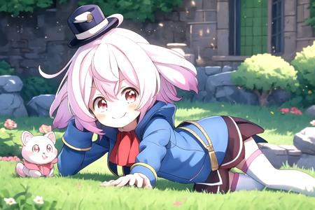 (masterpiece), (best quality), (detailed background, best lighting), ultra-detailed, highly detailed, (((blush))), solo, (happy), (smile),
<BRAKE>
on stone, on grass, (colorful flowers), shadow, sunlight, warm, side lighting,
<BRAKE>
1girl, ahoge, ascot, emullh, gradient hair, hat, jacket, mini hat, nature, pink hair, red eyes, smile, solo, thighhighs, white thighhighs, looking at viewer, animal ears <lora:emullh_00_01:1.0>