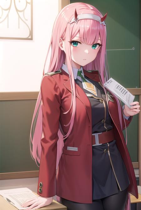 zerotwo, <lora:zerotwo-lora-nochekaiser:1>, 
zero two, (green eyes:1.5), hairband, horns, long hair, pink hair, red horns, white hairband,
BREAK jacket, leggings, red jacket, white footwear,
BREAK indoors, classroom,
BREAK looking at viewer, (cowboy shot:1.5),
BREAK <lyco:GoodHands-beta2:1>, (masterpiece:1.2), best quality, high resolution, unity 8k wallpaper, (illustration:0.8), (beautiful detailed eyes:1.6), extremely detailed face, perfect lighting, extremely detailed CG, (perfect hands, perfect anatomy),