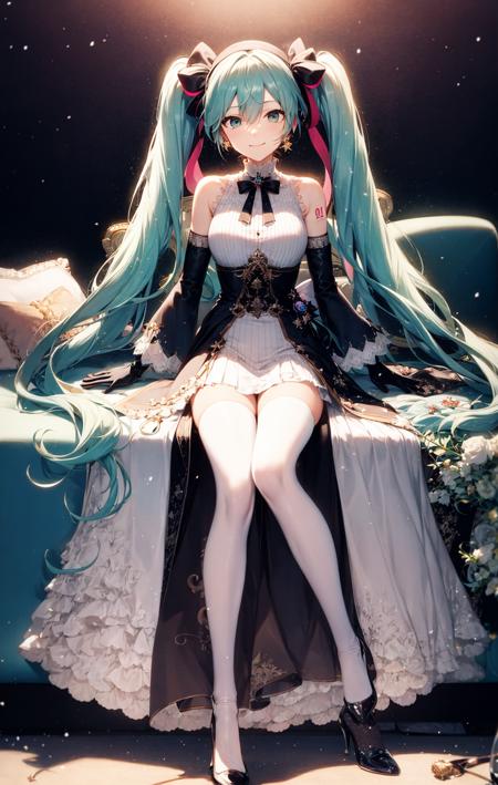 1girl, aqua_eyes, aqua_hair, bangs, bare_shoulders, beamed_eighth_notes, black_bow, black_footwear, black_neckwear, black_ribbon, black_skirt, blue_hair, bow, chair, closed_mouth, constellation, couch, dress, earrings, elbow_gloves, fireworks, flower, frills, full_body, galaxy, gloves, green_eyes, green_hair, hair_between_eyes, hat, hatsune_miku, high_heels, jewelry, light_particles, long_hair, long_sleeves, looking_at_viewer, neck_ribbon, night, night_sky, pink_rose, red_flower, red_rose, ribbon, rose, shooting_star, sitting, skirt, smile, snowing, solo, space, sparkle, sparkle_background, spotlight, star_\(sky\), starry_background, starry_sky, starry_sky_print, thighhighs, twintails, very_long_hair, white_dress, white_gloves, white_headwear, white_legwear, white_rose <lora:style_Rella:1>