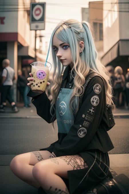 4K,8K. An attractive american gothic punk girl, with black punk fitting clothes, (blonde very long wavy hair:1.05) (wide dreamy light blue eyes,) wide smile, face close up, (holding a bubble tea,) (dynamic sitting pose, on the street) 2legs