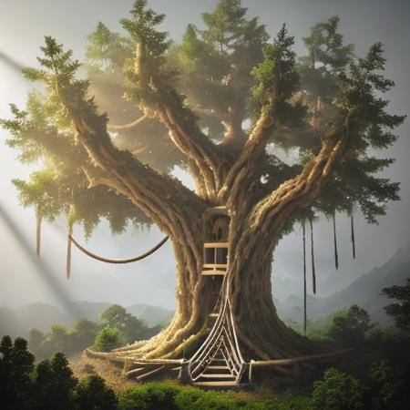 M.A.S.H. masterpiece, best quality, absurdres, photorealistic, realistic, depth of field, 
outdoors, magic forest, wisps, dark forest, fantasy, [jungle], (landscape), nature, (branches:1.2), giant tree, (treehouse:1.2), rope ladder, [[rope bridge]], (high up:1.2), dappled sunlight, light rays,
from above, intricate, highly detailed, majestic, depth of field